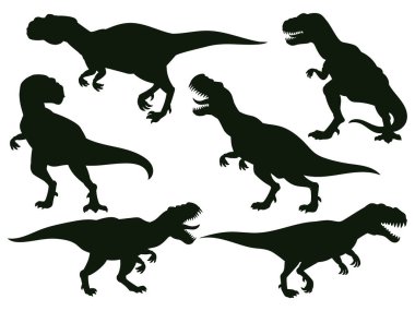 Çizgi film kahramanı yırtıcı Tyrannosaurus Rex, soyu tükenmiş t-rex silueti. Jurasik antik yırtıcı, t-rex yırtıcı canavar vektör çizim seti. Tyrannosaurus Rex siluetleri