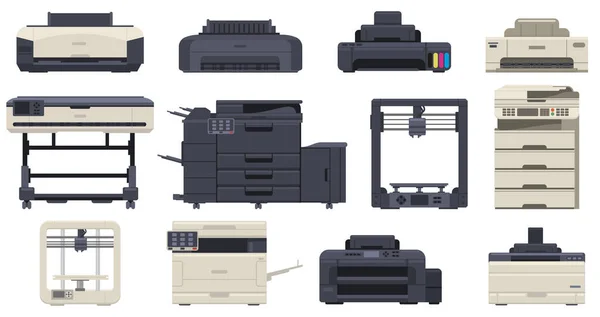 Impresora de trabajo de oficina máquinas fotocopiadoras escáner profesional. Dispositivos de impresión de tecnología de oficina, impresora 3D, set de ilustración de vectores de copiadoras. Máquinas de oficina multifunción — Vector de stock