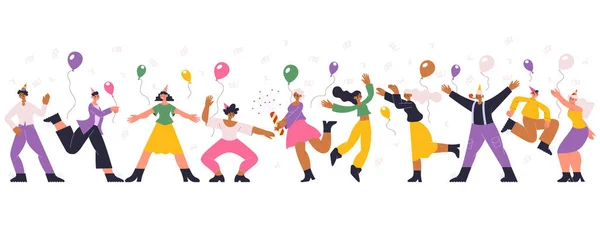 Feliz baile celebrando fiestas de cumpleaños gente. Bailando personajes festivos, cumpleaños o celebración de año nuevo vector ilustración. Gente alegre celebrando — Archivo Imágenes Vectoriales