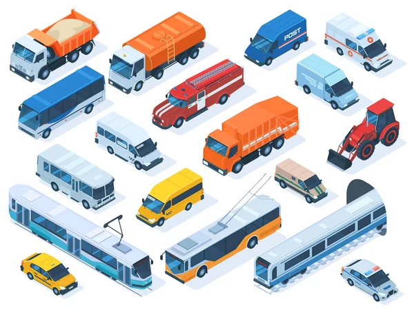 Isometric public services transport, taxi, ambulance and police car. Urban vehicles, fire engine, public bus, construction truck vector illustration set. City transport icons — Stock Vector