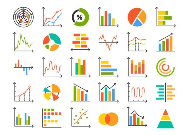 Grafik ve grafik simgeleri. Diyagram ve bilgi elemanları, pasta grafikleri, bar grafikleri, çizgi şemaları ve istatistik raporlarıyla iş verisi görselleştirmesi. Bilgi analiz vektörü ayarlandı.