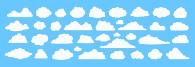 Gökyüzü için düz bulut vektör simgesi ve baloncuk şekilleri şirin ve çizgi film tarzı. Hava durumu ya da mavi yaz günü ve doğa çizimi. Kabarık bulut kümesindeki etiket, klip ve tahmin ögesi.
