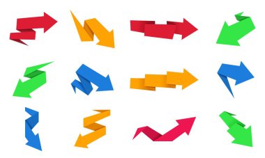 Soyut origami okları. Çizgi film ok şekilleri, 3D yönlü kağıt retro semboller, navigasyon işareti, işaretçi ve renk hareketi öğesi. Vektör izole edildi.