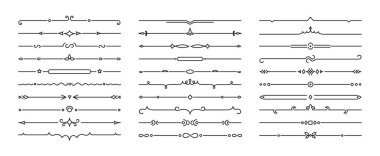 Satır ayırıcı metin sınırı, sanat deco dekoratif çerçeve minimum tasarım. Başlık veya ayak vektörü seti için klasik kurdele ve yatay süs. Düğün davetiyesi, kitap sayfası, modern eski moda süslemeler..