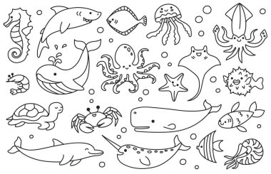 Deniz hayvanı karalaması, çizgi balığı ve deniz yaratığı, okyanus karikatürü sualtı çizimi. Ahtapot ve deniz atı, yunus ve kaplumbağa, balina ve denizanası, köpekbalığı ve yengeç su altı izole vektörü.