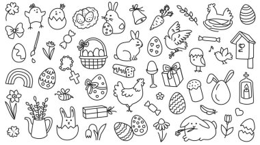 Çizgili Paskalya karalaması, güzel el çizimi, yumurta ve tavşan, sepet ve çiçek, Paskalya bayramı kutlaması için haç ve gökkuşağı. Vektör çizimi izole edildi.