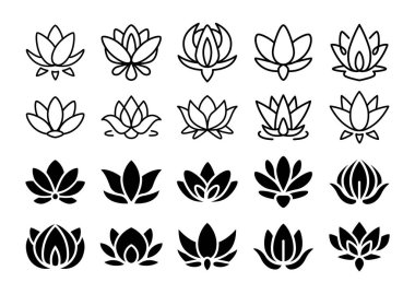 Lotus çiçeği ikonu. Yoga zen logosu siluet çizgisi ya da sağlığın basit güzellik sembolü. Spa, meditasyon ve uyum konsepti için nilüfer çiçeğinin soyut tasarımı. Dövme vektör şablonları.