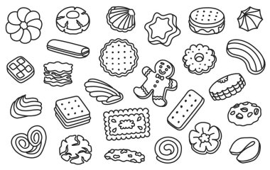 Bisküvi karalaması. Zencefilli çörek adam, tatlı menüsü için makarna fırını tatlısı ya da tatlı paketleme etiketi. Hamur işi ikonları, markalaşma ve çıkartmalar için fal kurabiyesi. İzole edilmiş vektör el çizimi.