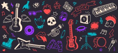 Rock müzik karalaması. Gitar, kafatası ve anarşi sembolü punk grubu posterleri, konser ürünleri ve retro festival broşürleri. El çizimi vektör seti Mikrofon ve bot kafatası ve t-shirt için davul, sosyal medya.