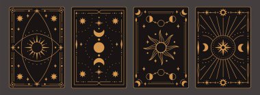 Sihirli deste, kehanet ve klasik okült veya ruhani paket için mistik sembolleri ve ilahi sınırları olan tarot kartı çerçevesi. Cadılık için çizgi geometrisi olan lüks vektör şablonu, astroloji etiketi.