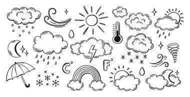 Hava tahmini karalama simgeleri. Gökyüzü koşulları, iklim ve doğa bilgi tasarımı için el yapımı güneş, bulut ve ay. Sıcaklık, yağmur ve kar, rüzgar ve fırtına. Vektör izole edildi.