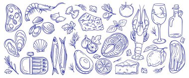 Akdeniz diyet deniz ürünleri. Karides, somon ve zeytinyağı sağlıklı yemek, İtalyan menüsü ve restoran markalaşması veya ambalaj için. Kabuklu deniz ürünleri ve kafeterya etiketi için el yapımı vektör seti..