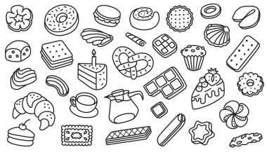 Tatlı karalama skeci. Çörek, kruvasan ve makarna, kraker ve bisküvi, fırın veya kafe menüsü için pasta, şirin ambalaj ve şekerleme markası. El çizimi vektör seti, tatlı yiyecekler için siyah çizgili..