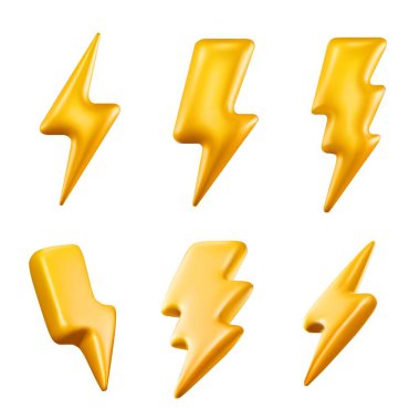 3D yıldırımlı parlak plastik simgeler, elektrik kıvılcımı ve güç şarj pankartı için gerçekçi enerji flaşı, oyun uygulaması ve fırtına veya hız artırıcı işareti. Voltaj uyarı arayüzü için vektör ayarlandı.