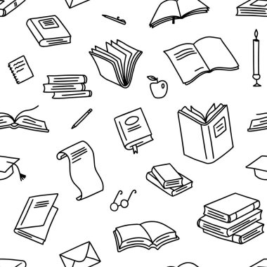 Kitaplar kusursuz desen. Kitap rafları, eğitim ve okul kütüphanesi afişi. Bilgi tekstil karalamaları, sınıf posteri izole vektör dokusu.