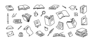 Kitap karalamaları. Eğitim konsepti, okul çıkartması ve kütüphane veya öğrenim sanatı için el çizimi kitaplıklar ve mezuniyet şapkaları. Okuma için karalama sembolleri, bilgi elemanları vektör izole edildi.