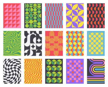 Retro duvar kağıdı markalaşması, canlı ambalaj tasarımı ve modaya uygun sosyal medya veya afiş şablonları için optik spiraller ve geometrik küplere sahip psikedelik poster arka planı.
