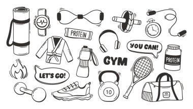 Spor aletleri ana hatları elle çizilmiş halterler ve spor aletleri UI, sağlıklı yaşam tarzı posterleri ve enerji ya da motivasyon çıkartması tasarımı için egzersiz ekipmanları.