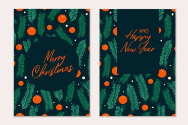 Noel tebrik kartlarının şablonu Noel ağacı, kırmızı toplar, şekerler, kar. Tatil daveti.