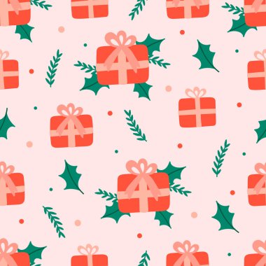 Pembe arka planda Noel deseni, Poinsettia çiçekleri, çam dalları ve böğürtlenlerle. arkaplan