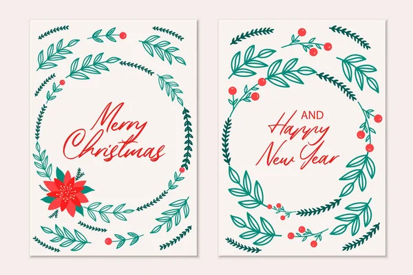 Modèle de cartes de voeux de Noël avec arbre de Noël, boules rouges, bonbons, neige. Invitation de vacances. — Image vectorielle