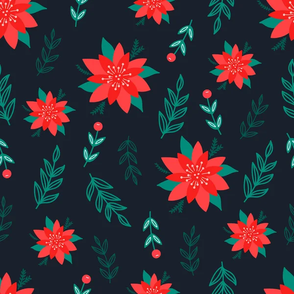Motif sans couture de Noël sur fond rose avec des fleurs de Poinsettia, des branches de pin et des baies. contexte — Image vectorielle