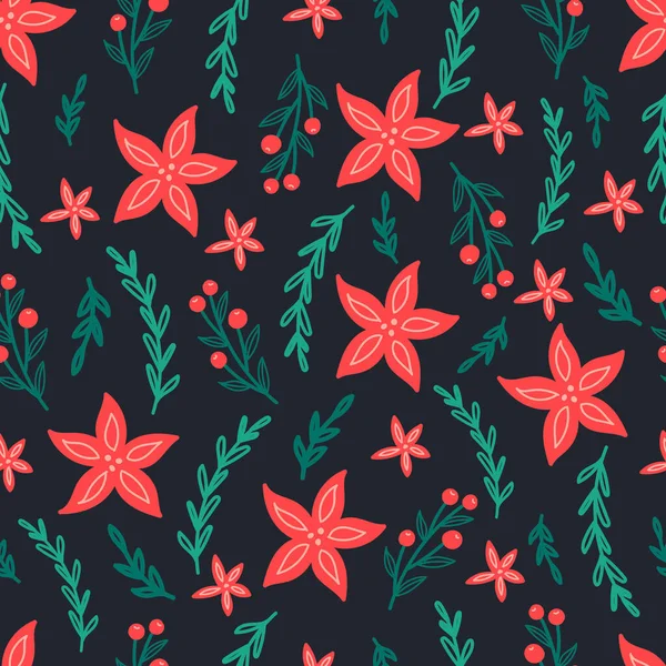 Motif sans couture de Noël sur fond rose avec des fleurs de Poinsettia, des branches de pin et des baies. contexte — Image vectorielle