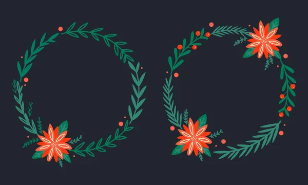 Noel çelengi, Poinsettia ve çam ağacı. Tatil çerçevesi.