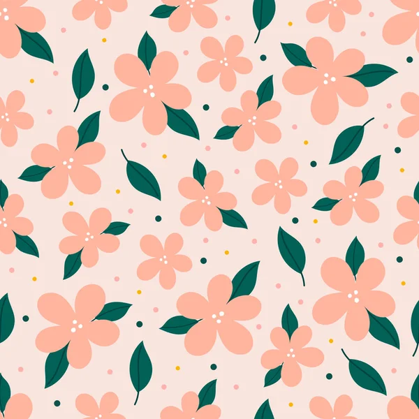 Patrón botánico sin costuras con flores sobre fondo rosa pastel. Hojas y flores fondos de pantalla. Fondo florales. — Vector de stock