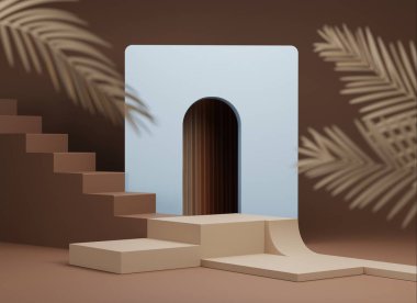 Üç boyutlu arka plan, kaidesel podyum ve palmiye yaprağı. Egzotik kahverengi ve açık mavi. Pastel bej vitrin seti. Güzellik, kozmetik ürün sunumu. Soyut sanat deco minimal doğal 3D canlandırma