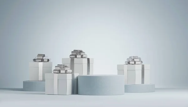 Vánoční Pozadí Dárkovými Krabicemi Stříbrnou Stuhou Bílý Dárek Displejem Pódium — Stock fotografie