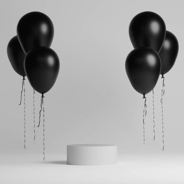 3 boyutlu arka plan, siyah balonlu podyum görüntüsü. Ürün sunumu veya metin için Kara Cuma stüdyosu konsepti. Beyaz arkaplan ve kaide gösterisi. Terfi bayrağı için 3B görüntüleme asgari düzeyde.