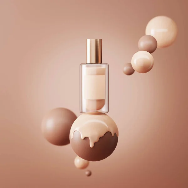 3D beige display with liquid foundation splash dripping on studio brown background. Nude makeup cream fluid flow down. Beauty product, cosmetics promotion podium ball. Abstract 3D render mockup.