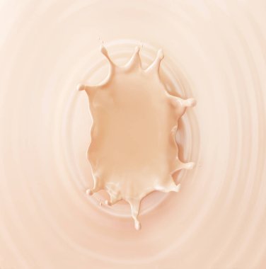 Ürün tanıtımı ya da metin için 3 boyutlu arkaplan görüntüsü. Sıvı yuvarlak fondöten sıçraması, bej boya ya da makyaj, sunum için kozmetik sıçrama kaidesi. Asgari soyut güzellik, 3 boyutlu görüntüleme.