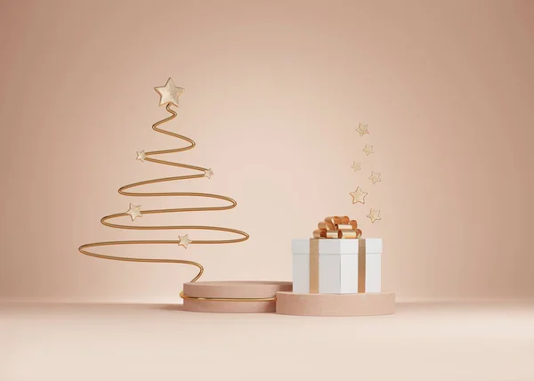 Üç boyutlu Noel arkaplanı. Bej rengi podyum, hediye kutusu ve Noel ağacı sergisi. Güzellik, kozmetik ürün sunumu. Minimum pastel kaidesel vitrin. Özet olarak, kışın 3D görüntüleme.