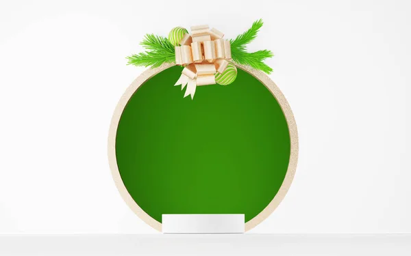 White Podium Stand Christmas Green Background Product Display Christmas Tree — Stock Photo, Image