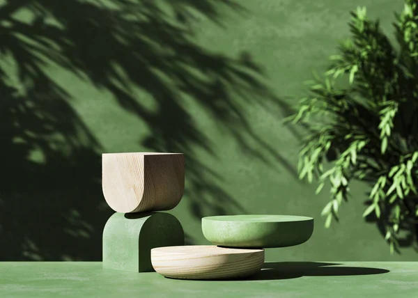 Yaprak gölgeli 3 boyutlu ahşap podyum. Uzayın yeşil arkaplanı kopyala Kozmetik ya da güzellik ürünü tanıtım modeli. Doğal taş basamak kaidesi. Moda minimalist afiş, 3 boyutlu resimleme