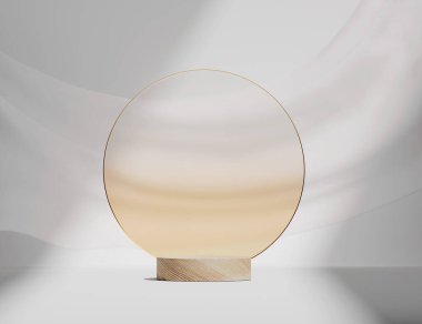 Beyaz arka planda 3 boyutlu ahşap podyum. Yuvarlak, bej, buzlu cam çerçeveli. Kozmetik, güzellik ürünü ahşap kaideyi destekliyor. Perdeli doğal bir gösteri. Özet olarak 3D Stüdyo oluşturma
