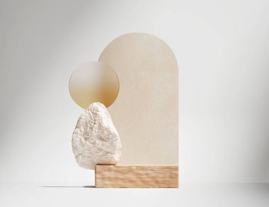 Beyaz arka planda 3 boyutlu ahşap podyum. Pastel bej Art deco kemeri. Kozmetik, güzellik ürünü, ahşap, kaya kaidesi. Doğal taş ve cam vitrin. Özet olarak 3D Stüdyo oluşturma