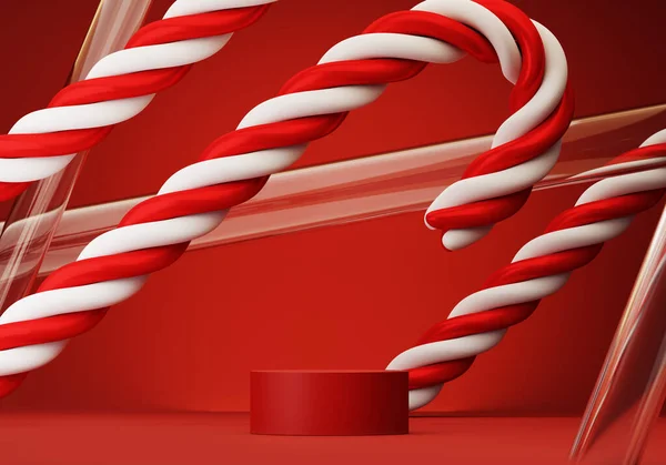 3D podium display background for product promotion with abstract Christmas candy cane. Red Festive pedestal showcase. Minimal trendy geometric shapes. Winter theme 3D render illustration