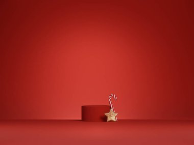 3 boyutlu podyum görüntüsü, kırmızı şenlik arka planı. Ürün sunumu ya da metin için Noel süsü ve vitrin. Altın yıldızlı ve bastonlu en küçük stüdyo sahnesi. Kopyalama alanı ile 3B kış oluşturma. 