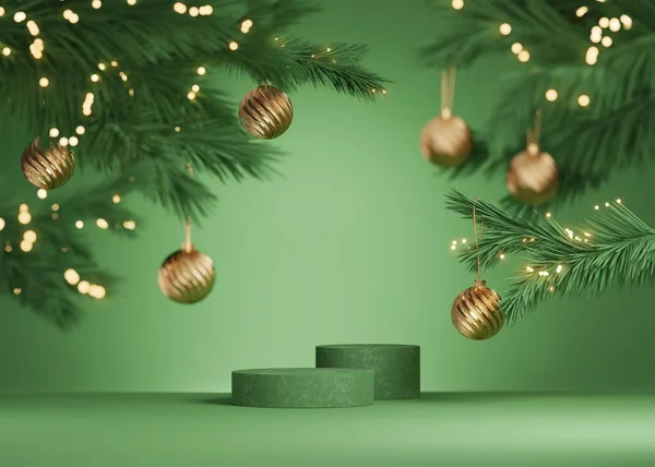 Podium Kerstshow Pastel Groene Achtergrond Goud Kerst Ornament Boomtak Met Rechtenvrije Stockafbeeldingen