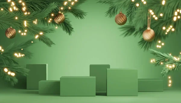 3D论坛 圣诞展览 粉刷绿色背景 圣诞树枝子上的金色圣诞装饰品 配有灯光小巧的展示台 可供产品展示 3D渲染模型 — 图库照片