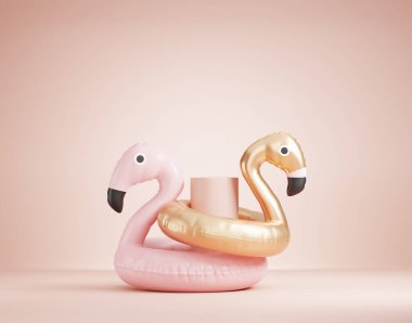 3 boyutlu podyum, pembe arka plan, pastel pembe ve altın rengi şişirilebilir flamingo. Yaz kavramı. Ürün tanıtımı için vitrini olan soyut asgari aşk konsepti. 3B eğlence, stüdyo görüntüleme