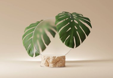 Üç boyutlu podyum kaya bej arka plan yeşil canavar palmiye yaprağı ve taş. Yuvarlak cam çerçeve. Pedestal güzellik, kozmetik ürün tanıtımı demek. Egzotik doğa, orman soyut üç boyutlu canlandırma 