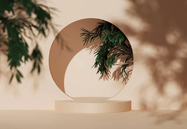 Bej arka planda ağaç olan 3 boyutlu podyum. Gölgeli yeşil doğa yaprağı. Güzellik, kozmetik, ürün tanıtımı için yuvarlak çıplak kaidesi. Egzotik yaz, soyut 3D görüntüleme, daire kopyalama alanı
