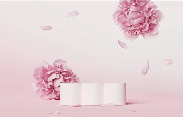 3 boyutlu podyum seti, pastel pembe çiçek arkaplanı. Düşen yapraklar, Peony çiçekleri. Güzellik, kozmetik ürün sunumu için doğa minumum kaidesi. Sevgililer Günü, kadınsı, kopyalama alanı 3D canlandırması