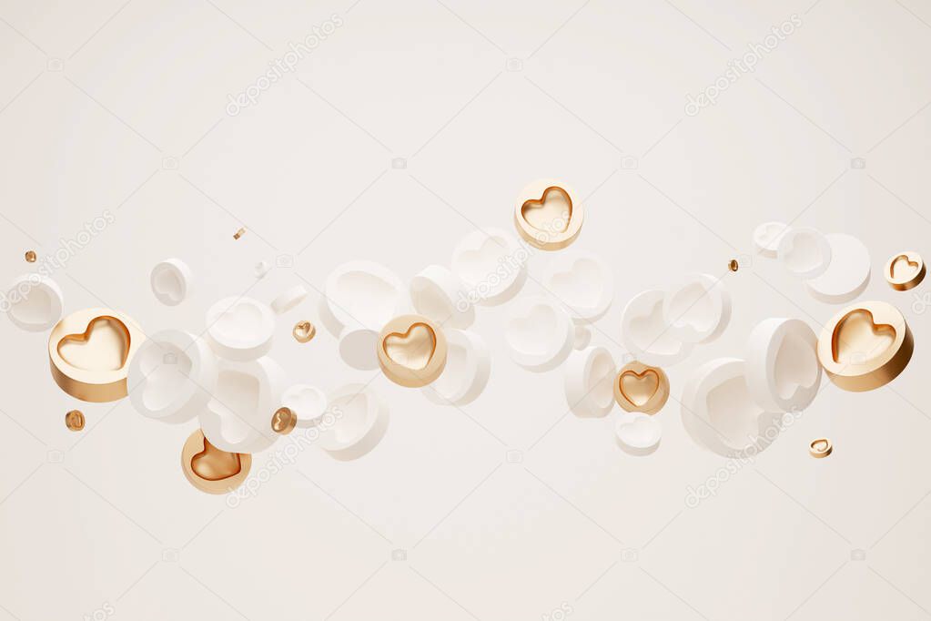 3D background with levitating hearts. Beige and gold flying round love pills for valentines day.  Minimal Abstract, love, valentine. White backdrop. Trendy banner, 3D render with copy space.