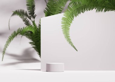 Beyaz arka planda yeşil eğreltiotu ile üç boyutlu podyum görüntüsü. Kozmetik, gölge testisli güzellik ürünü tanıtım kaidesi. Doğal bir gösteri. Asgari, basit stüdyo 3D kopyalama alanı ile özet