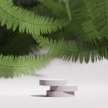 Beyaz arka planda yeşil eğreltiotu ile üç boyutlu podyum görüntüsü. Kozmetik, gölge testisli güzellik ürünü tanıtım kaidesi. Doğal bir gösteri. Asgari, basit stüdyo 3D kopyalama alanı ile özet